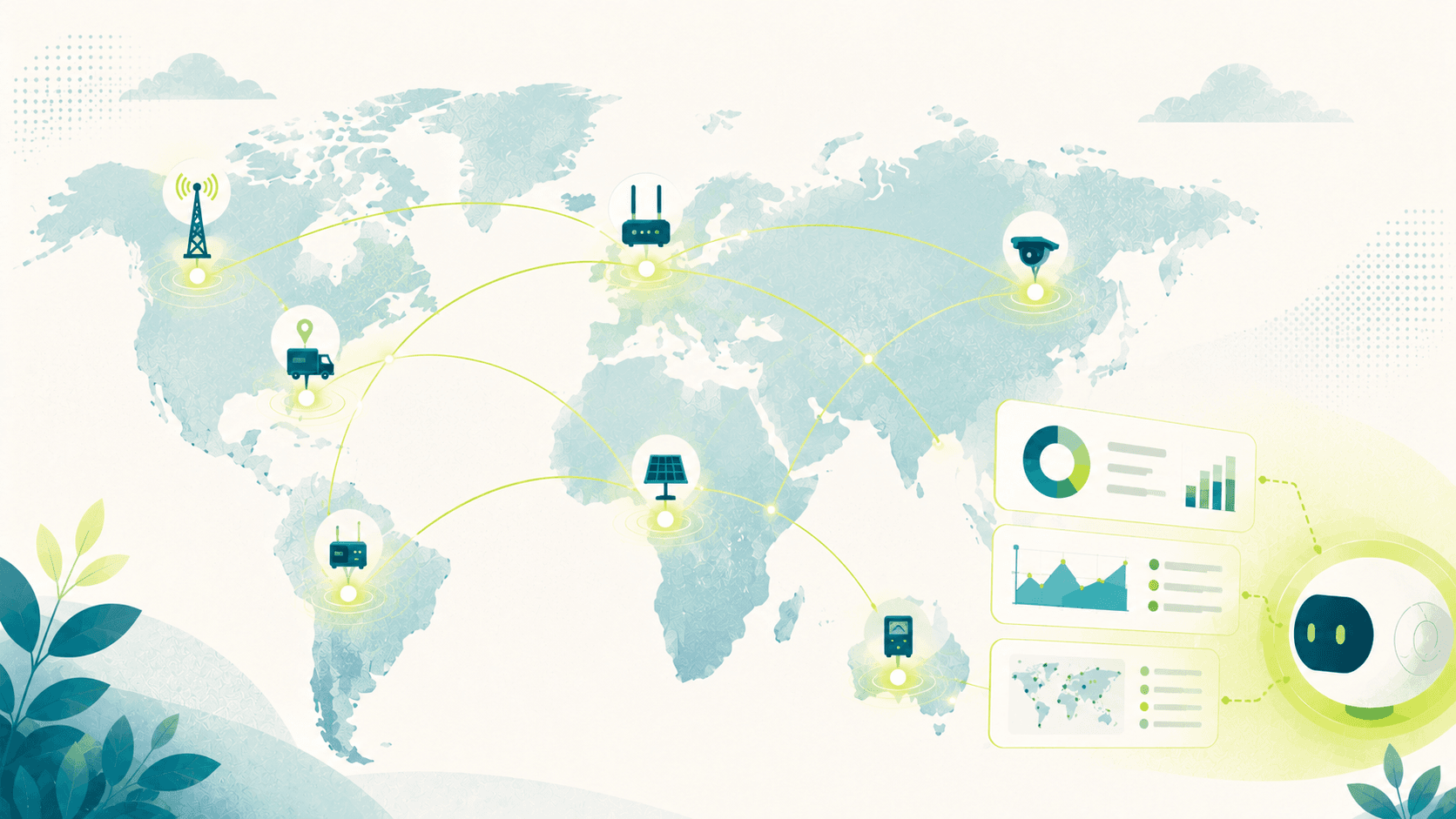 A friendly AI robot reads live dashboards of charts and maps wired to IoT devices, cell towers, routers, trucks, and sensors, spread across a world map.